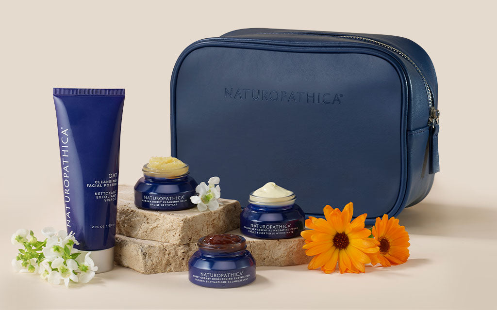 skincare starter set with cosmetic bag