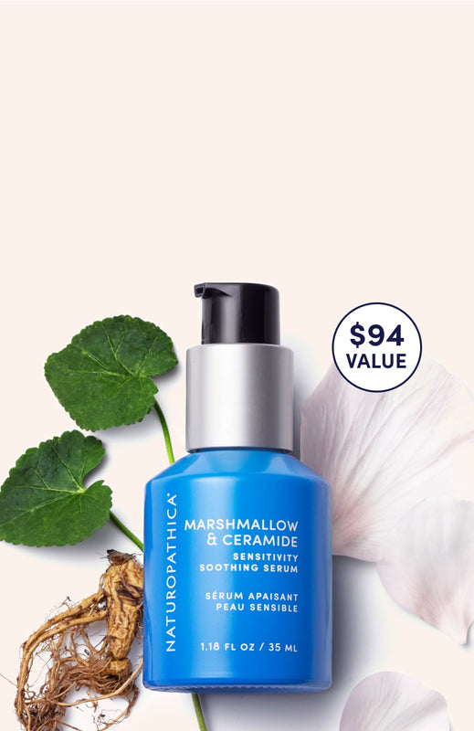 Marshmallow & Ceramide Sensitivity Soothing Serum with beige background